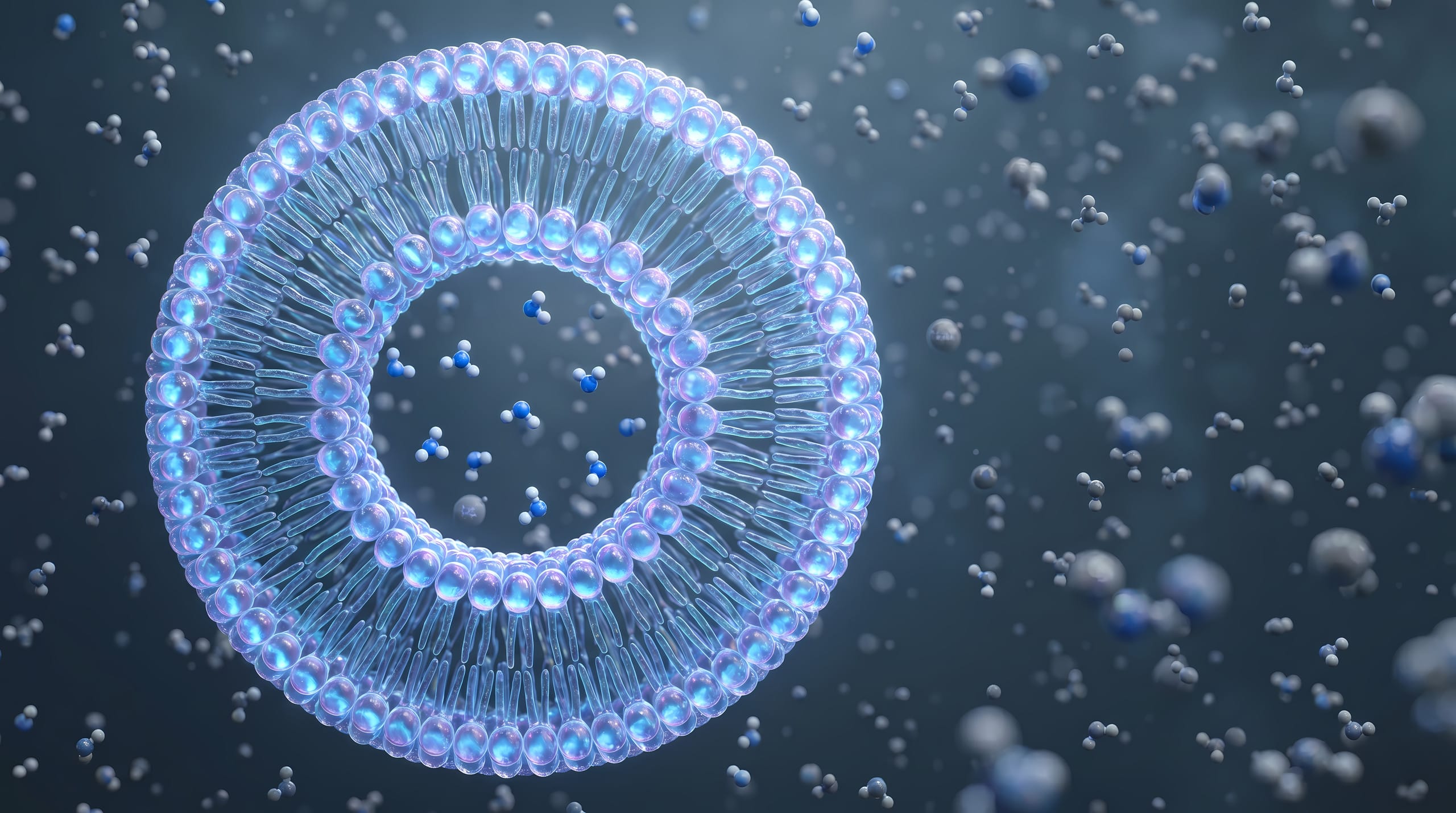 Illustration of a liposome: a spherical phospholipid bilayer with water molecules inside and around it