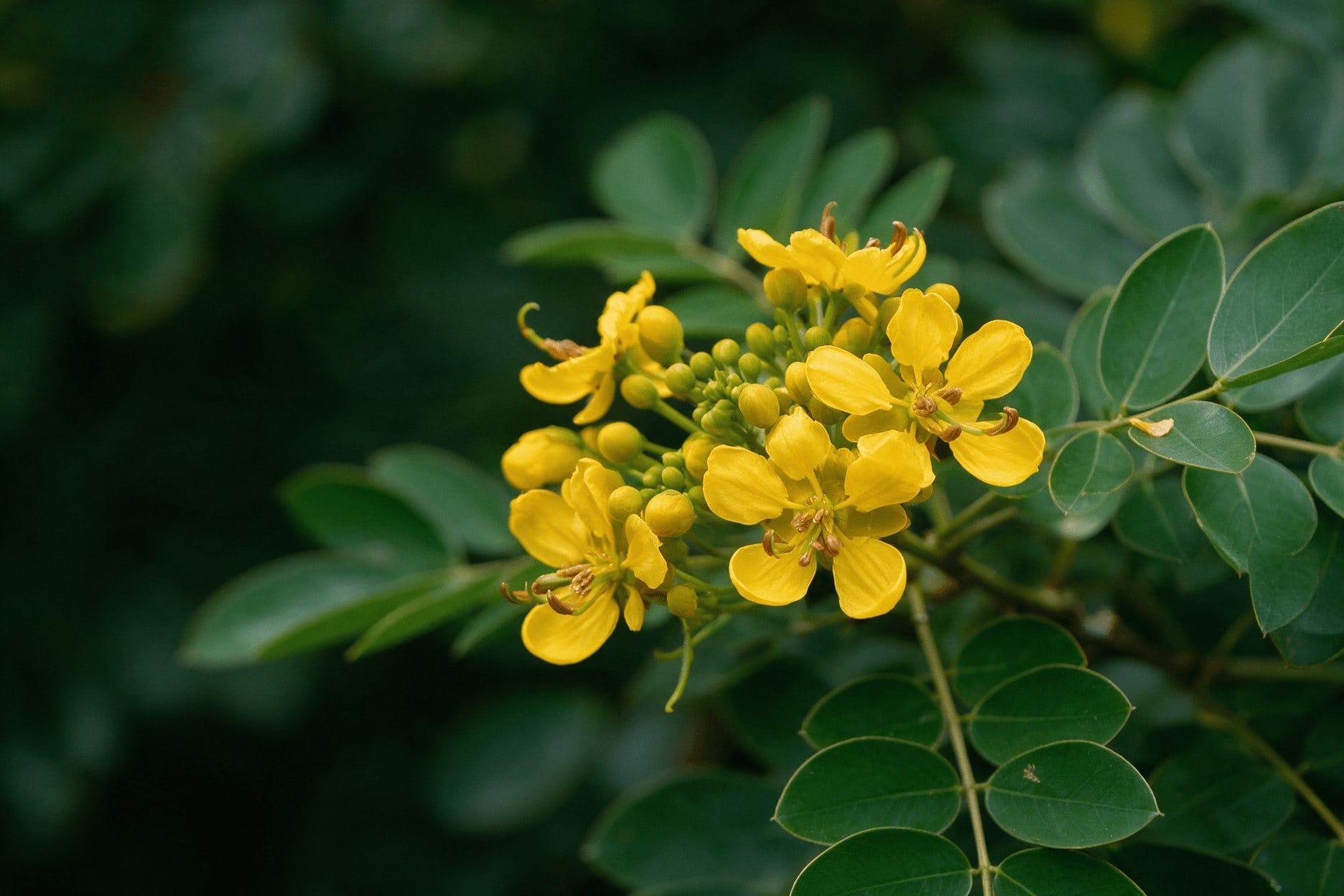 Yellow Senna flowers and round buds on a branch with oval green leaflets